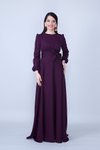 Mürdüm Uzun Kol Beli Büzgülü Kuşaklı Tesettür Abiye Elbise