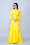 Sarı Uzun Kol Büzgülü Kuşaklı Tesettür Abiye Elbise