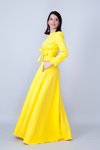Sarı Uzun Kol Büzgülü Kuşaklı Tesettür Abiye Elbise