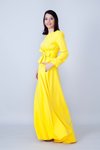 Sarı Uzun Kol Büzgülü Kuşaklı Tesettür Abiye Elbise