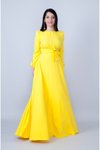 Sarı Uzun Kol Büzgülü Kuşaklı Tesettür Abiye Elbise
