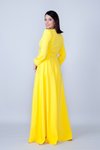 Sarı Uzun Kol Büzgülü Kuşaklı Tesettür Abiye Elbise