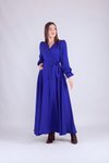 Sax Mavi Uzun Kol Kruvaze Yaka Tesettür Abiye Elbise