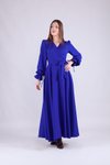 Sax Mavi Uzun Kol Kruvaze Yaka Tesettür Abiye Elbise