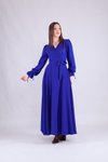 Sax Mavi Uzun Kol Kruvaze Yaka Tesettür Abiye Elbise