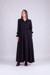 Siyah Uzun Kol Kruvaze Yaka Tesettür Abiye Elbise