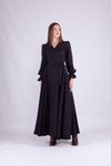 Siyah Uzun Kol Kruvaze Yaka Tesettür Abiye Elbise