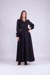 Siyah Uzun Kol Kruvaze Yaka Tesettür Abiye Elbise