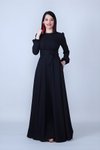 Siyah Uzun Kol Kuşaklı Beli Büzgülü Tesettür Abiye Elbise