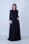 Siyah Uzun Kol Kuşaklı Beli Büzgülü Tesettür Abiye Elbise
