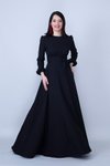 Siyah Uzun Kol Kuşaklı Beli Büzgülü Tesettür Abiye Elbise