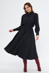 Siyah Uzun Kol Kuşaklı Beli Lastikli Cepli Gömlek Tesettür Elbise