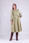 Yağ Yeşili Midi Boy Kruvaze Yaka Uzun Kol Tesettür Elbise