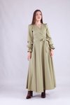 Yağ Yeşili Uzun Kollu Kruvaze Yaka Tesettür Elbise