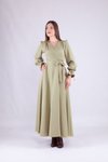 Yağ Yeşili Uzun Kollu Kruvaze Yaka Tesettür Elbise