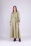 Yağ Yeşili Uzun Kollu Kruvaze Yaka Tesettür Elbise