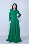 Yeşil Uzun Kol Büzgülü Kuşaklı Tesettür Abiye Elbise