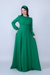 Yeşil Uzun Kol Büzgülü Kuşaklı Tesettür Abiye Elbise
