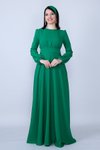 Yeşil Uzun Kol Büzgülü Kuşaklı Tesettür Abiye Elbise