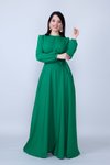 Yeşil Uzun Kol Büzgülü Kuşaklı Tesettür Abiye Elbise