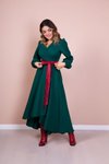 Zümrüt Bordo Uzun Kol Asimetrik Kesim Deri Kemerli Tesettür Elbise