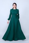 Zümrüt Dokuma Uzun Kol Büzgülü Kuşaklı Cepli Tesettür Abiye Elbise