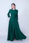 Zümrüt Dokuma Uzun Kol Büzgülü Kuşaklı Cepli Tesettür Abiye Elbise