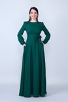 Zümrüt Dokuma Uzun Kol Büzgülü Kuşaklı Cepli Tesettür Abiye Elbise