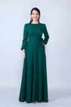 Zümrüt Dokuma Uzun Kol Büzgülü Kuşaklı Cepli Tesettür Abiye Elbise