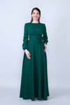 Zümrüt Dokuma Uzun Kol Büzgülü Kuşaklı Cepli Tesettür Abiye Elbise