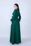Zümrüt Dokuma Uzun Kol Büzgülü Kuşaklı Cepli Tesettür Abiye Elbise