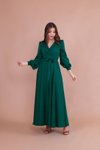 Zümrüt Kruvaze Yaka Kemerli Tesettür Abiye Elbise