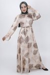 Bej Yaprak Desenli Şifon Büzgü Detaylı Tesettür Elbise