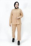 Camel Gabardin Kumaş Taş Detaylı Tesettür İkili Takım