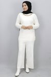 Ekru Balıkçı Yaka Zincir Detaylı Triko Tesettür Takım