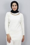 Ekru Balıkçı Yaka Zincir Detaylı Triko Tesettür Takım