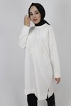Ekru İp Kumaş İnci Püskül Detaylı Tesettür Tunik