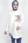 Ekru Nakış Detaylı İp Kumaş Sweatshirt Tunik