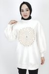 Ekru Sweatshirt İp Kumaş Nakış Taş Detaylı Tunik