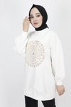 Ekru Sweatshirt İp Kumaş Nakış Taş Detaylı Tunik