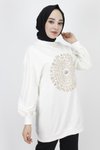 Ekru Sweatshirt İp Kumaş Nakış Taş Detaylı Tunik