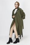 Haki Orta Boy Broş Detaylı Bondet Kumaş Trençkot