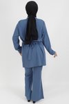 İndigo Scuba Krep Yaka Zincir Detaylı İkili Tesettür Takım