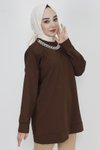 Kahverengi İki İp Kumaş Zincir Detaylı Tesettür Tunik