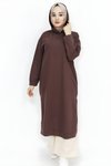 Kahverengi İp Kumaş Kapüşonlu Yırtmaç Detaylı Tesettür Tunik