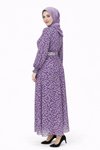 Lila Fırça Desenli Şifon Tesettür Elbise