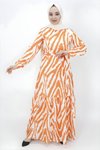 Oranj Zebra Desenli Şifon Tesettür Elbise