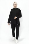 Siyah İki İp Kumaş Yanı Taş Detaylı İkili Tesettür Takım