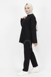 Siyah İki İp Kumaş Yanı Taş Detaylı İkili Tesettür Takım