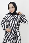 Siyah Zebra Desenli Şifon Kumaş Tesettür Elbise